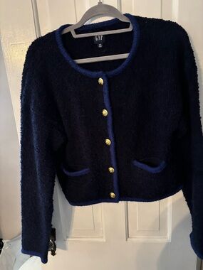 GAP Navy Cropped Cardigan with Royal Blue Trim and Gold Buttons